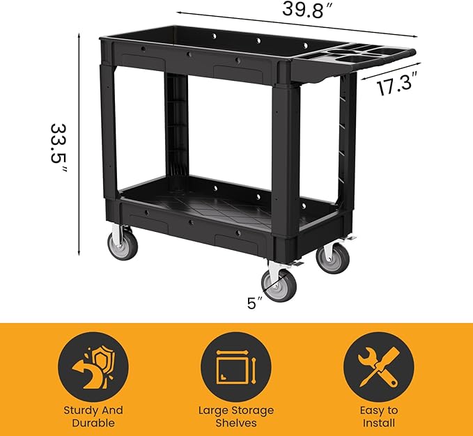 2-Tier Rolling Tool Cart,Heavy-Duty Plastic Service Cart with Lipped Shelves,550 lbs Capacity Utility Cart,40 x 17 Inch Rolling Work Carts for Garage,Salon,Kitchen,Office-Black