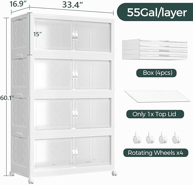 220Gal Stackable Storage Bins with Lid and Wheels, 880QT Plastic Collapsible Storage Boxes with Doors, Closet Organizer and Storage Cabinet for Home Kitchen Office Dorm Room, 4Pack White