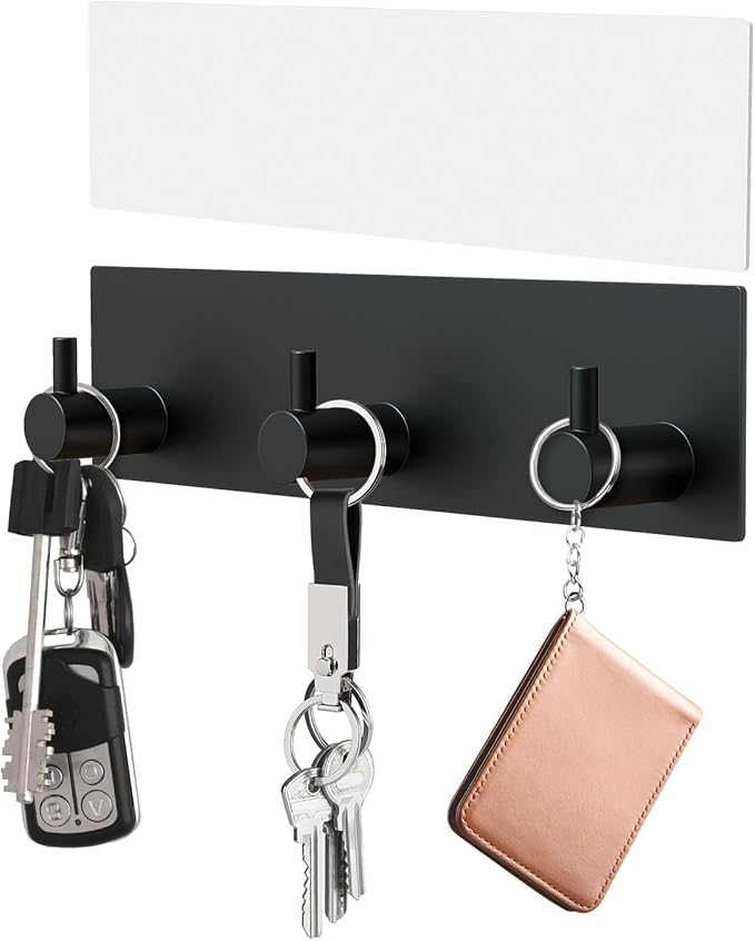 VIS'V Key Holder Wall Mount, Small Metal Self Adhesive Key Hanger with 3 Hooks, No Drilling, Extra Adhesive Strip, Black
