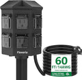 Outdoor Power Strip Waterproof, 60 FT Extension Cord, 6 Grounded Outlets for Christmas Decorations and Inflatables, 15A/1875W, ETL Listed