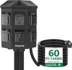 Outdoor Power Strip Waterproof, 60 FT Extension Cord, 6 Grounded Outlets for Christmas Decorations and Inflatables, 15A/1875W, ETL Listed