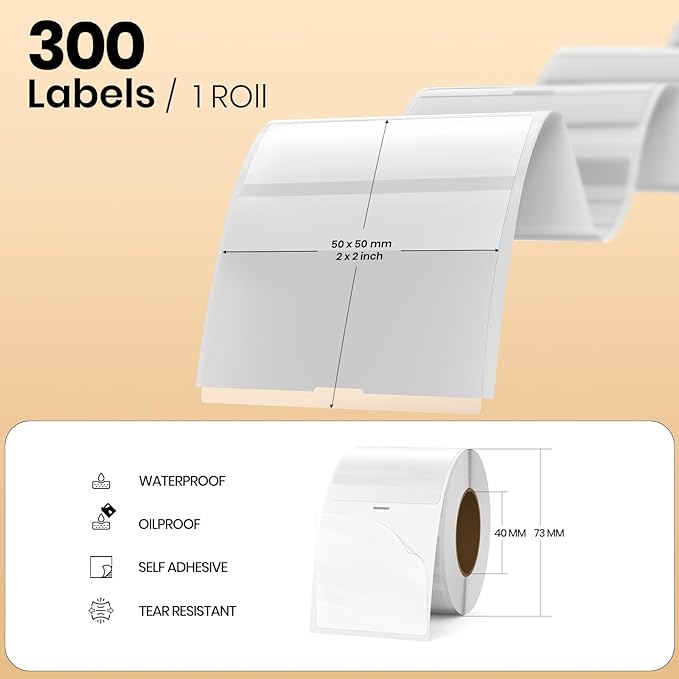 Clear Thermal Labels Vinyl 2 × 2 Inch Self-Adhesive Square Stickers Roll Waterproof Printer Direct Decals Package Seal for QR Code Envelope Office Retail Home 300 PCS