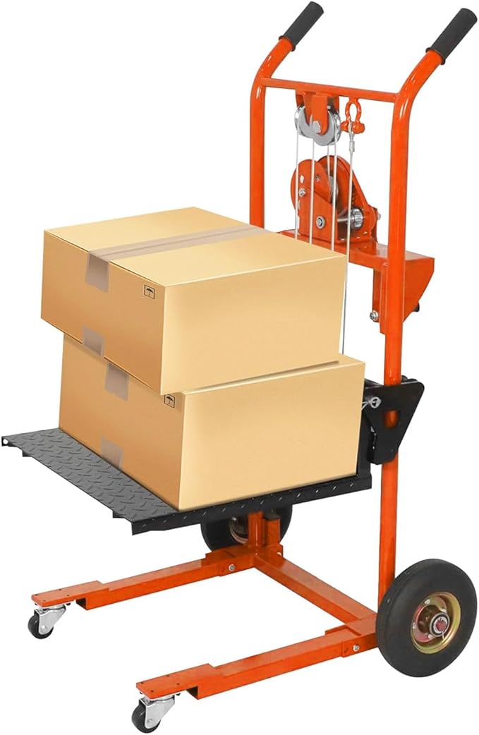 Material Lift Winch Stacker, 330 lbs Capacity Table Cart, 40.5" Lifting Height Manual Forklift Stacker, Pallet Jack Truck Dolly with Swivel Casters and Lift Plate (Orange)