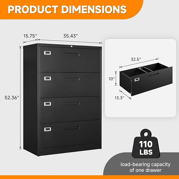 File Cabinet 4 Drawer, Lateral Filing Cabinet with Lock, Metal File Cabinets for Home Office, Office Cabinet for Hanging Files Letter/Legal/F4/A4, Assembly Required, Black
