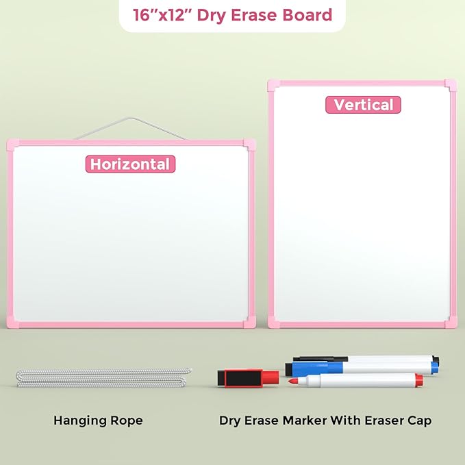 MaxGear Double-Sided Dry Erase Board for Wall, 16"x12" Hanging Whiteboard, Small Dry Erase White Board kit, Portable Whiteboard for Planning, Drawing, Memo, to Do List, Pink Frame