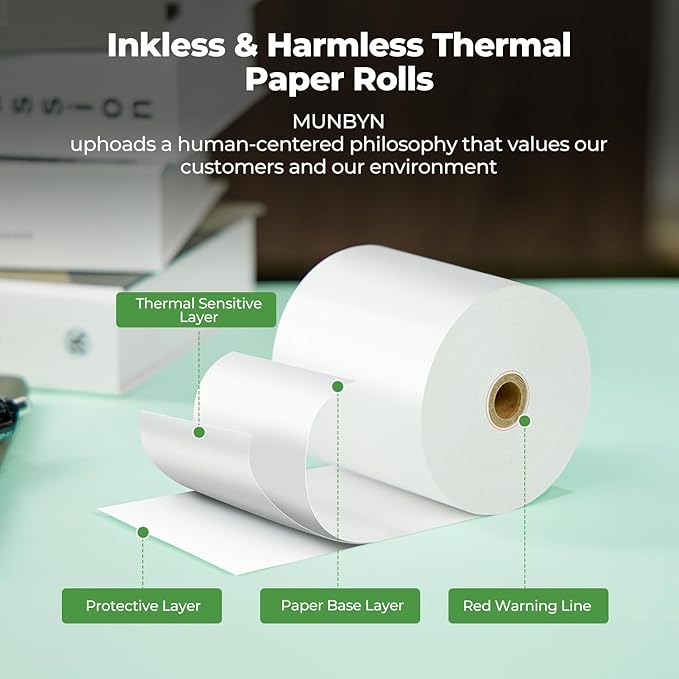 MUNBYN Thermal Paper 3 1/8 x 230ft, 50 Rolls Receipt Paper Work for Star Micronics TSP100 TSP143 Epson 80mm Receipt Printer Square POS Register, 80mm Thermal Receipt Papers, BPA Free, Plus Version