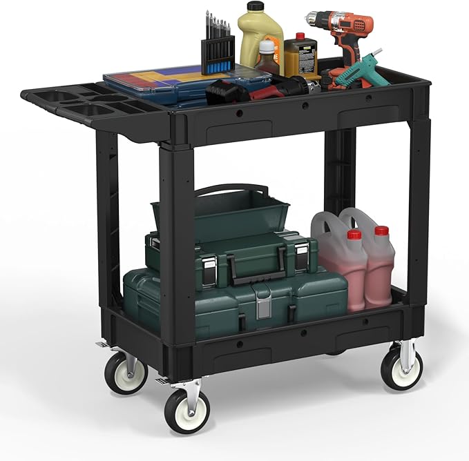 Heavy Service Utility Cart on Wheels,Tool Cart on Wheels, Service Cart for Garage, Warehouse, Workshop, Office, Cleaning (Black-40.6 inch)