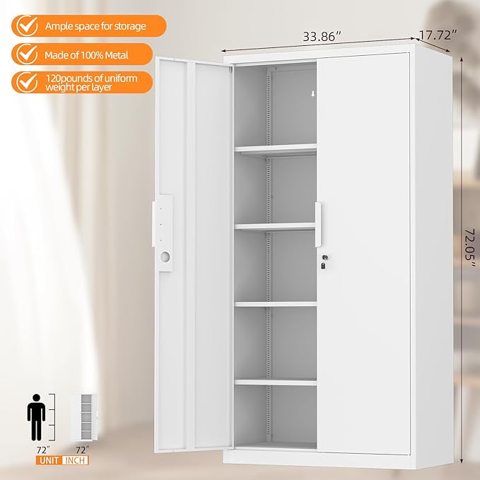 Metal Garage Storage Cabinet,72" Locking Tool Cabinet with Doors and 4 Shelves,Tall Metal Cabinets with Garage Storage Systems for Home Office,School,White