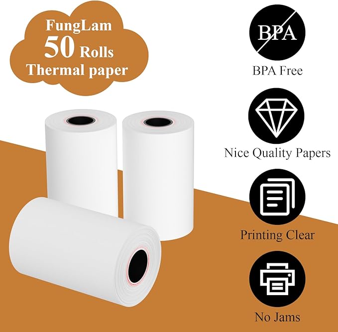 2 1/4"x50' Thermal Paper, FungLam Receipt Paper, POS Cash Register Papers, 2 1/4"x50' Thermal Paper for POS Cash Receipt Printers for Credit Card Terminal, Clover/Square/Verifone Printers, 50 Rolls.