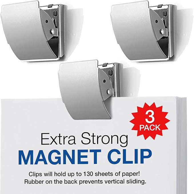 Extra Strong Magnetic Binder Clips – Set of 3 Heavy-Duty Stainless Steel Clips for Fridge, Office, Home & Kitchen Organization, Silver