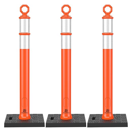 RoadHero 42 Inch Delineator Post with Base, Portable Orange Traffic Delineator Posts Cones with Reflective Collars for Parking Lots, Road Safety, Construction Events (3 Pack)