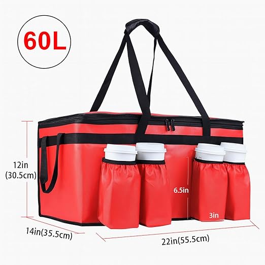 Insulated Food Delivery Bag with 4 Cup Holder and Bottom Support, XX-Large Insulated Grocery Bags Keep Food Hot/Cold, Cooler Bags with Drink Carrier, Food Carrier Catering Bag for Events, Red