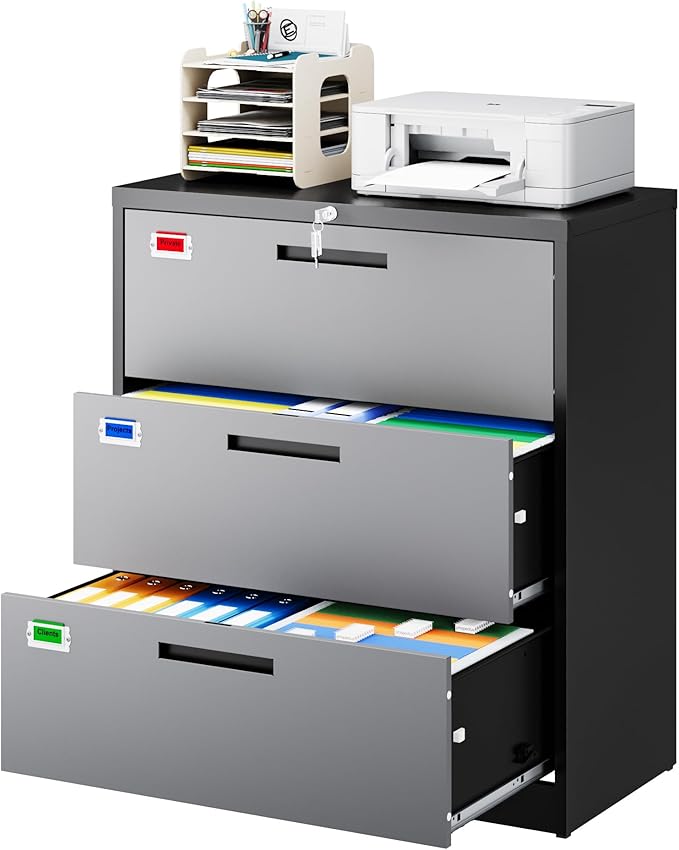 3 Drawer File Cabinet, Lateral Filing Cabinets for Home Office, Office Storage Drawers with Lock, Hanging Files Legal/Letter A4 Size (Assemble Required,Black Grey)