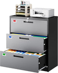 3 Drawer File Cabinet, Lateral Filing Cabinets for Home Office, Office Storage Drawers with Lock, Hanging Files Legal/Letter A4 Size (Assemble Required,Black Grey)