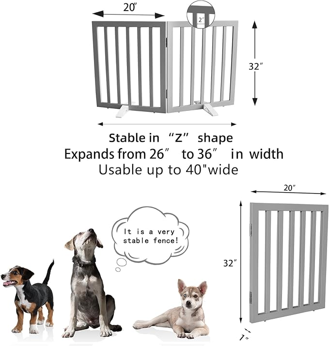 ZJSF Freestanding Indoor Dog Gate for House Foldable Wood Puppy Gate for Doorways Pet Gate for Stairs Extra Wide Pet Fence, Grey, 32" Height 2 Panels