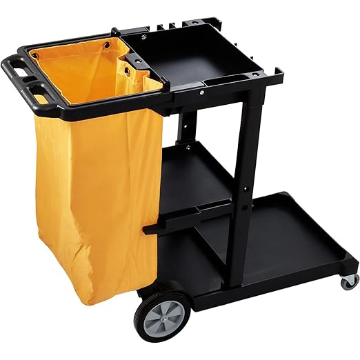 VEVOR Cleaning Cart, 3-Shelf Commercial Janitorial Cart, 200 lbs Capacity Plastic Housekeeping Cart, with 25 Gallon PVC Bag, 47 x 20 x 38.6in, Yellow & Black