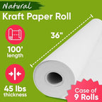 36" x 1200" (100 ft) White Kraft Paper (Case of 9 Rolls), 45 lbs Thickness, Kraft Paper for School, Arts, Gift Wrapping, Moving