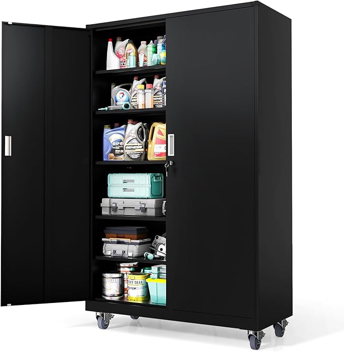 VINGLI Large Metal Storage Cabinet with 2 Doors and 5 Adjustable Shelves, Upgraded Height & Wide & Deep, 43''W x 20''D x 72''H, Oversized Garage Storage Cabinet with Wheels and Locks (Black)