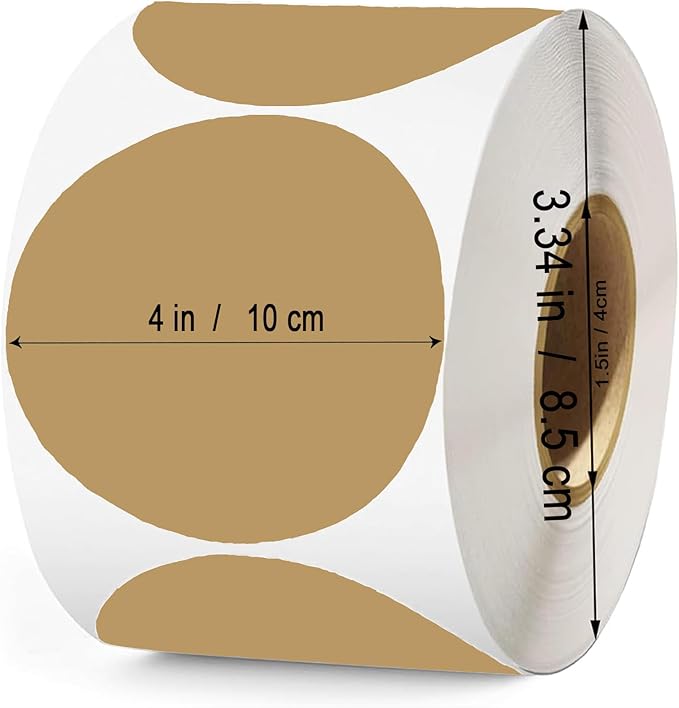 4 Inch Large Brown Circle Thermal Labels, Self-Adhesive Round Inventory Stickers, Multi-Purpose Round Roll Thermal Printing Stickers for Business and Domestic Use-300 Labels/Roll
