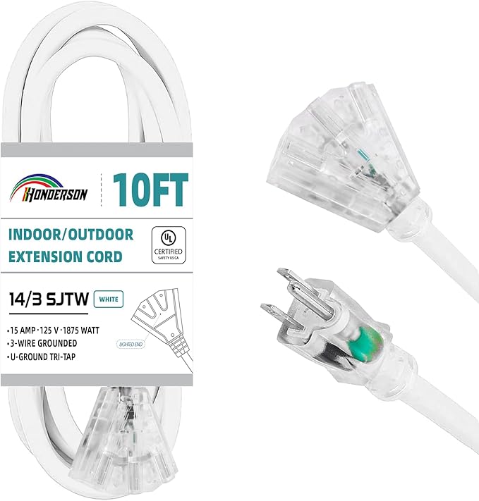3-Outlets Indoor Outdoor Extension Cord Weatherproof with Lighted End, UL Listed, 14 Gauge 10FT White 3 Prong Heavy Duty, 14/3 SJTW 15A Power Cord