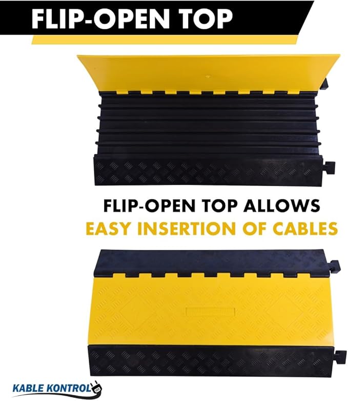 Kable Kontrol Atlas Heavy Duty Cable Protector Ramp - 5 Channel - 1 Pc - 36" Long Black & Yellow - 36,000 Lbs Capacity - Rubber Speed Bump Wire Protector Cord Cover - CP9988