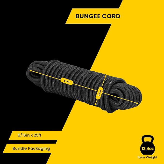 Bungee Cord Elastic Shock Cord 5/16" x 25' Bungee Rope for DIY, Tie Downs, Kayak and Outdoor - Black