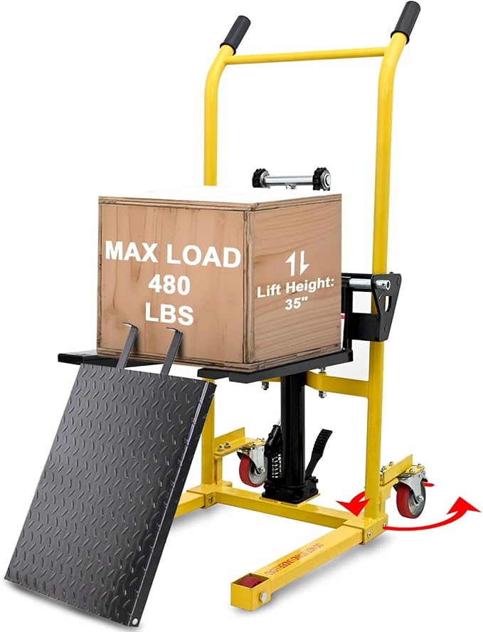 Foldable Hydraulic Material Lift, Pallet Jack Table Cart- 480-Lb. Capacity, 35in Lift. with Swivel Wheels, Steel Platform Board x 1