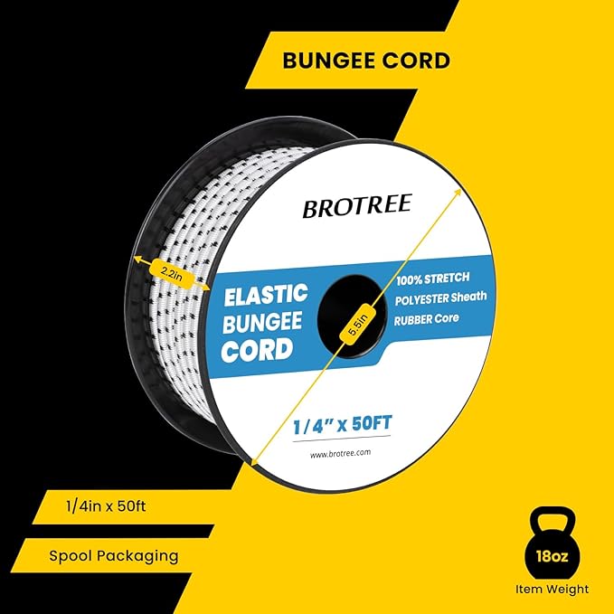 Bungee Cord Elastic Shock Cord 1/4" x 50' Bungee Rope for DIY, Tie Downs, Kayak and Outdoor - White&Black