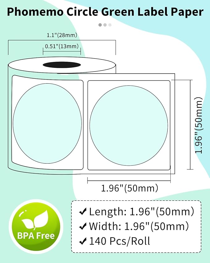 Phomemo Circle Labels for M110/M110S/M120/M200/M220 Label Maker, 1.96" x 1.96"（50x50 mm） Round Thermal Label for Barcode Labels, DIY Logo Design,Green