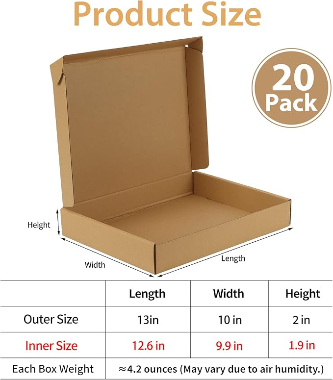 Trwcrt Shipping Boxes 13x10x2 Set of 20, Corrugated Cardboard Box for Packing Small Business, Brown