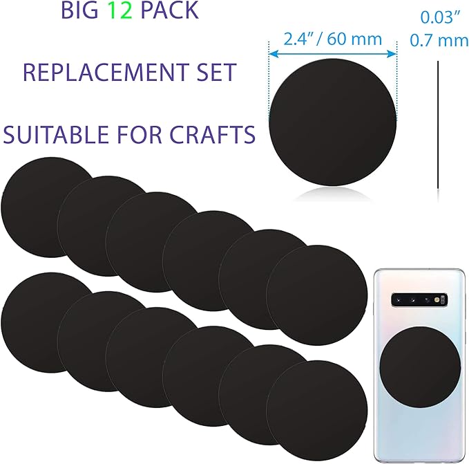 Tablet Metal Plates for Magnetic Car Mount, Wall, Magnets Kit. Replacement Set 2.4" of 12 Large Black Round Iron Discs for DIY, Crafts. 3M Adhesive Backing Steel Cell Phone Case Stickers 12 Pack