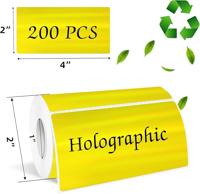 2x4 Inch Holographic Thermal Labels, Yellow Direct Thermal Stickers Label, Self-Adhesive Glitter Thermals Printer Sticker Labels, Perforation Line Design- 200Pcs/ 1 Roll