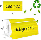 2x4 Inch Holographic Thermal Labels, Yellow Direct Thermal Stickers Label, Self-Adhesive Glitter Thermals Printer Sticker Labels, Perforation Line Design- 200Pcs/ 1 Roll