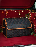 Owleys Sedan Trunk Organizer 17.7" Storage Tote For Groceries, Tools & Travel Gear - Foldable Eco-Leather Car Crate With Magnetic Lid | Stylish Presents For Drivers | Black-Brown (Hexy 17)