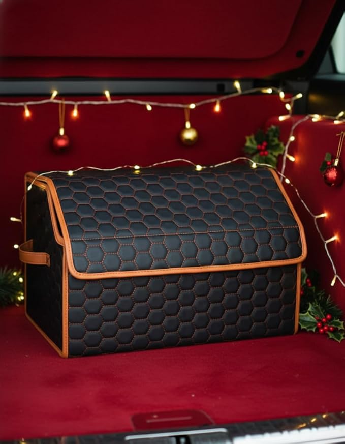 Owleys Sedan Trunk Organizer 17.7" Storage Tote For Groceries, Tools & Travel Gear - Foldable Eco-Leather Car Crate With Magnetic Lid | Stylish Presents For Drivers | Black-Brown (Hexy 17)