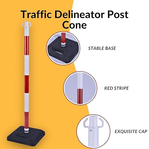 4Pack 35" Traffic Delineator Post Cone with 11" Base, Crowd Control Stands Barrier with 20ft Chains, Expandable Traffic Safety Barriers for Parking Lot, Road, Construction Caution (Red & White)