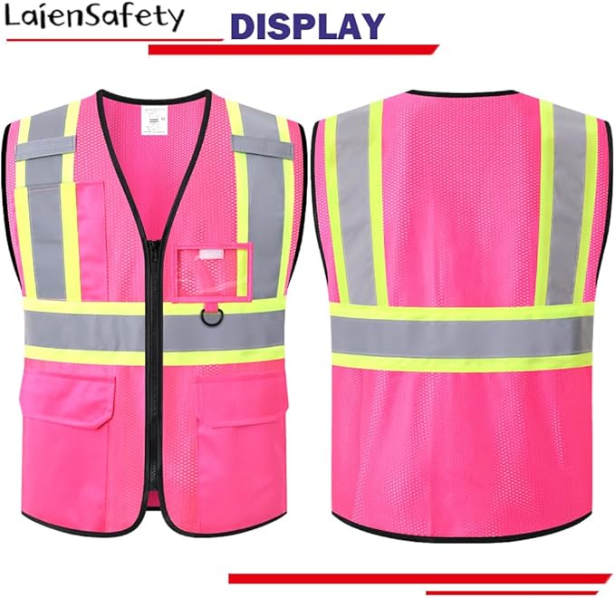 Safety Vest for Men Women Reflective with Multiple Pockets Mesh High Visibility Construction Work Vest,Meets ANSI/ISEA Standards(EK1-178-Pink-L)