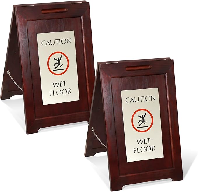 SmartSign (2-Pack) Premium 'Caution Wet Floor' Wooden A-Frame Standing Floor Sign with Symbol, 2-Sided, 24" x 15", Hardwood Pine Frame, 120 mil Silver ACM Sign, Black on Silver, Made in USA