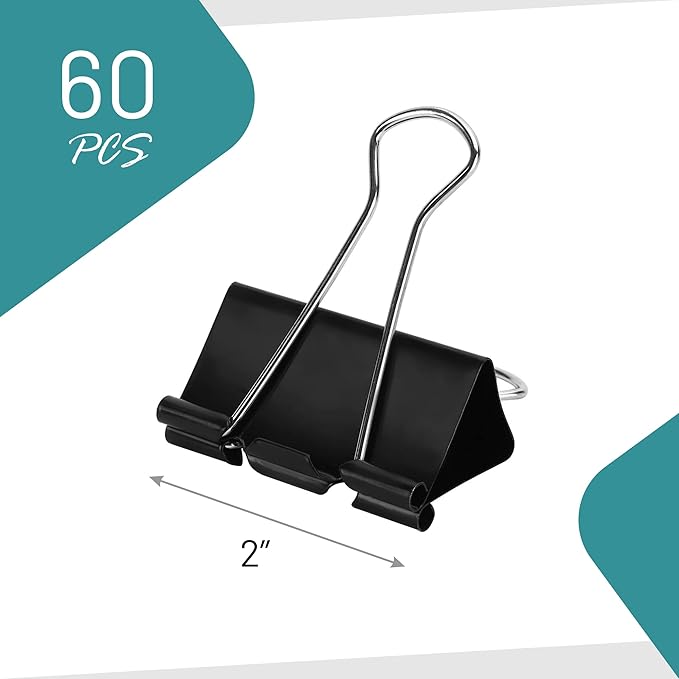 EXTRIC Binder Clips - 60 Pack, 2 Inch Black, Large, Tempered Steel Paper Clamps for Home, Office and School Supplies