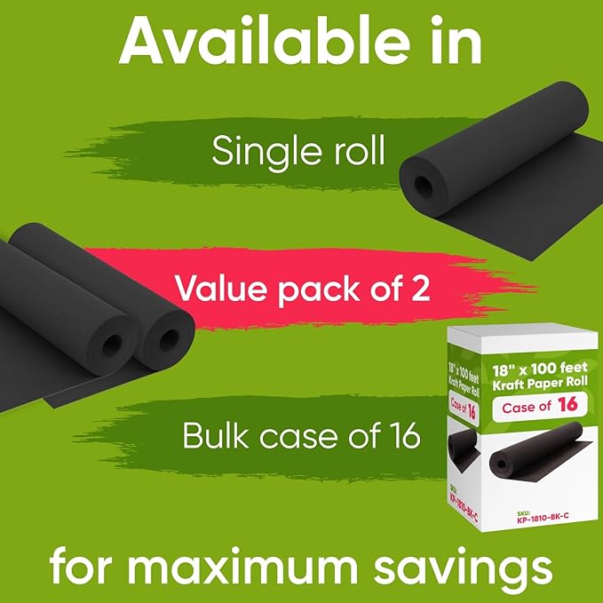 18" x 1200" (100 ft) Black Kraft Paper Roll (Value Pack of 2), 45 lbs Thickness, Made in USA Colored Craft Paper for School, Bulletin Board - Odorless, Non-Toxic, Safe for Kids