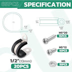 20PCS 1/2 Inch Cable Clamps with 45PCS Screws Assortment Kit 304 Stainless Steel Rubber Cushioned Insulated Cable Clamp, Automotive Wire Pipe Clamps(13mm)