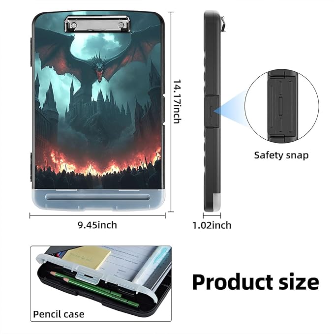 Clipboard with Storage Box & Pen Holder,Heavy Duty Clip Boards 8.5x11 for Nursing,High Capacity,School & Office Supplies,Dragon Castle Fire