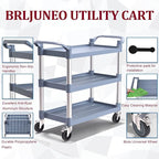Plastic Utility Carts with Wheels, 3-Tier Large Size Restaurant Food Cart, Heavy Duty 600lbs Capacity Rolling Service Cart w/Hammer for Commercial, Kitchen, Office (Lockable Wheels, L-Grey)