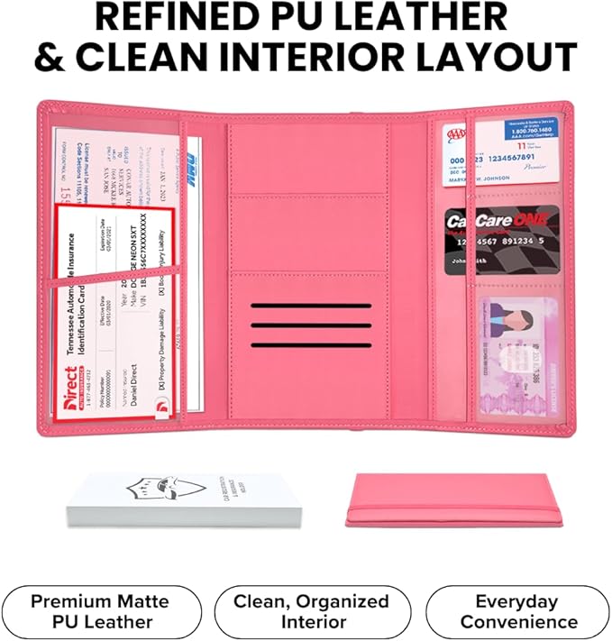 LINTRU Car Registration and Insurance Holder Trifold, Oversized Fit with Reinforced Construction, Matte PU Leather Vehicle Glove Box Organizer for Documents, Car Accessories for Men and Women