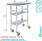 AmGood Stainless Steel Work Table with 2 Shelves and Casters | Metal Utility Table On Wheels (Stainless Steel Work Table with 2 Shelves + Casters, 30" Long x 18" Deep)
