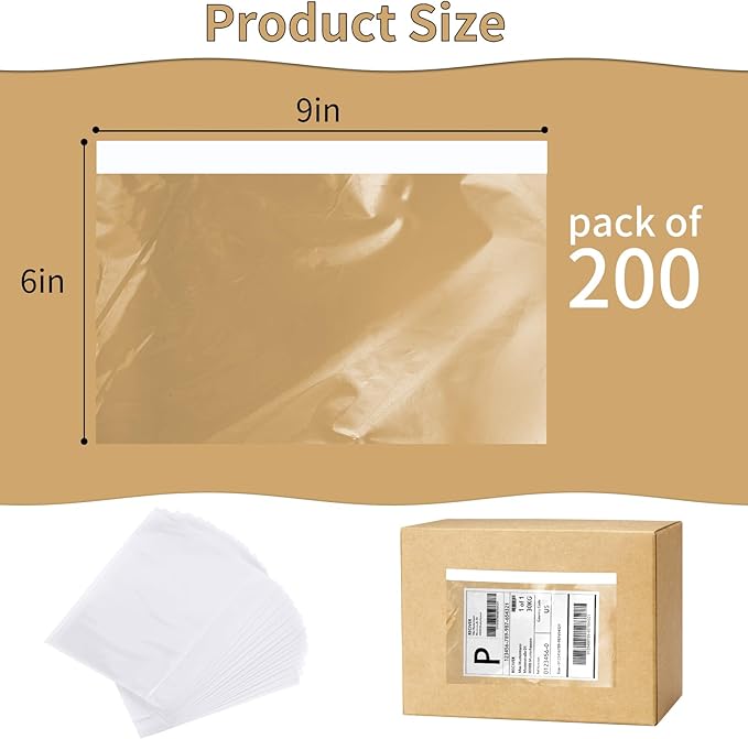 200Pack CLASSY Premium Clear 6'' x 9'' Packing List Envelopes, Self-Adhesive shipping label sleeves