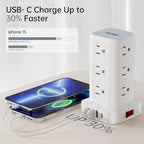 Surge Protector Power Strip Tower with Flat Plug, 10FT Ultra Thin Extension Cord with Multiple Outlets (1 USB-C), 1020J Protection，Desk Charging Station for Office, Dorm Room Essentials