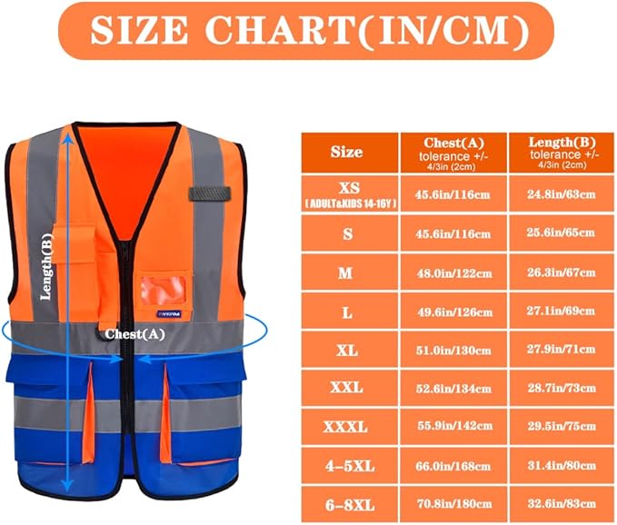 Orange Blue 6XL 7XL 8XL High Visibility REFLECTIVE Safety Vest with zipper Reflective Strips 7 Pockets