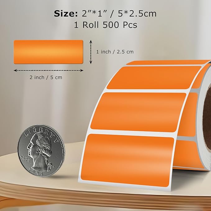 Orange Color Coding Labels 1 × 2 Inches Self-Adhesive Vinyl Rectangle Stickers Waterproof Name Tags Removable Roll for Office School Home 500 PCS