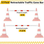 Huwena 12 Pcs Retractable Traffic Cone Bar from 4ft to 7.2ft Lightweight Bars Traffic Barricade Road Cone Connecting Rod Expandable Safety for Road Parking Use